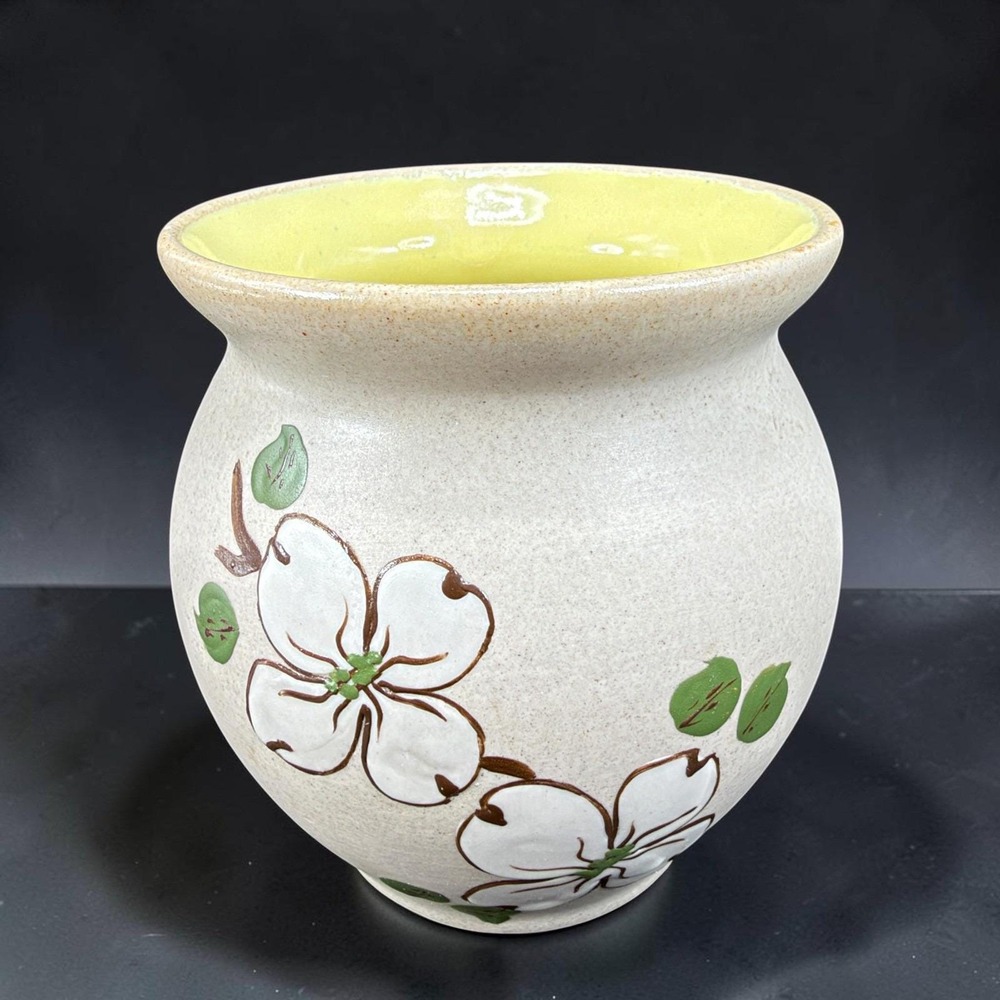 Pigeon Forge Pottery Dogwood Flower Vase Yellow Interior Signed Tennessee 4inch